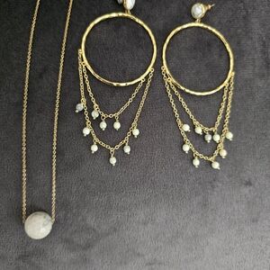 Gorjana Gold Chandelier Earrings with While Stone Beads And Matching Necklace